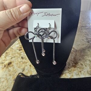 Betsey Johnson Gunmetal Bow Drop Earrings with Crystal Accents